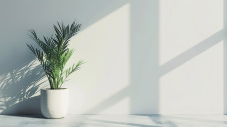 Green plant in a white pot on a white wall. 3d renderingの素材