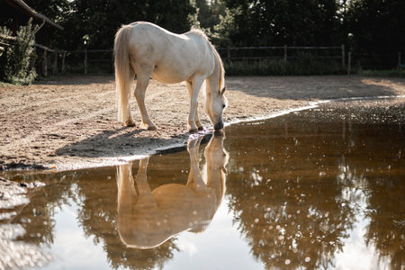 White horse drinking water from a puddle in a paddock.の写真素材