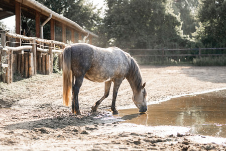 Horse in a paddock on a sunny day in the summerの写真素材