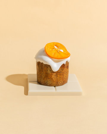 Easter cake with glaze and orange on a beige background in the minimalistic style