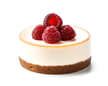 Cheesecake with raspberries isolated on a white background. Generative AIの素材