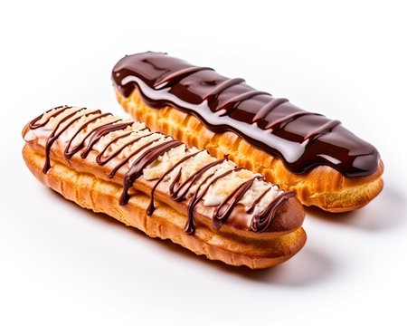 Eclairs with chocolate glaze isolated on a white background. Generative AIの素材