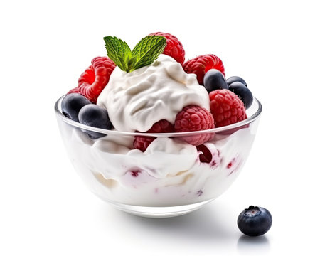 Yogurt with fresh berries in glass bowl isolated on white background. Generative AIの素材