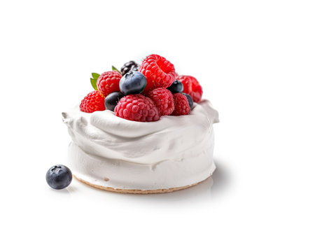 Delicious meringue Pavlova cake with berries on white background. Clipped path. Generative AIの素材