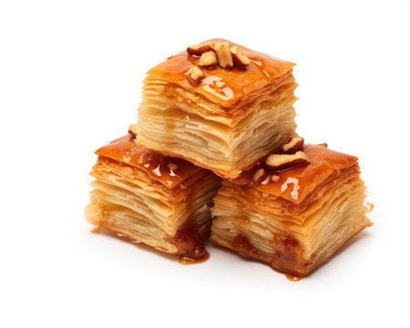 Sweet baklavas with caramel and nuts isolated on a white background. Generative AIの素材