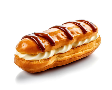 Eclair with whipped cream isolated on white background. Generative AIの素材