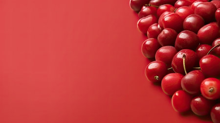 Cranberries on a red background with copy space for text.の素材