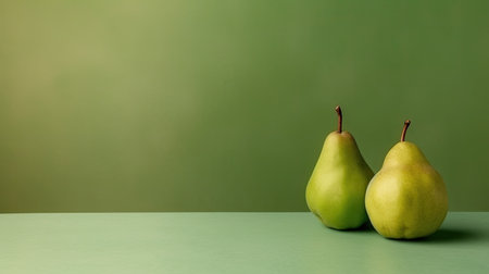 Two green pears on a green background with copy space for text. Generative AIの素材