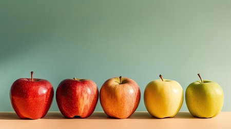 Red and yellow apples in row on beige and green background with copy space. Generative AIの素材