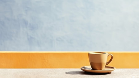 Cup of coffee on a table in front of a blue wall. Background with empty space for text. Generative AIの素材