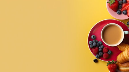 Cup of coffee, croissant and fresh berries on yellow. Background with empty space for text. Generative AIの素材