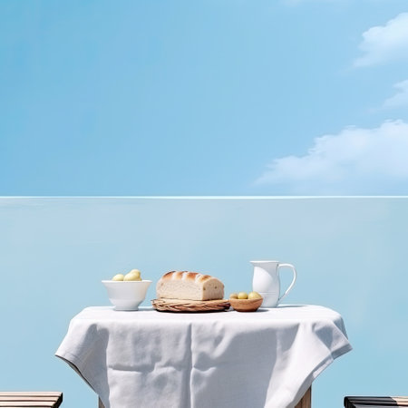 Breakfast table with croissants, bread and milk. Background with empty space for text. Generative AIの素材