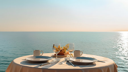 Table set for dinner with sea and sky view. Background with empty space for text. Generative AIの素材