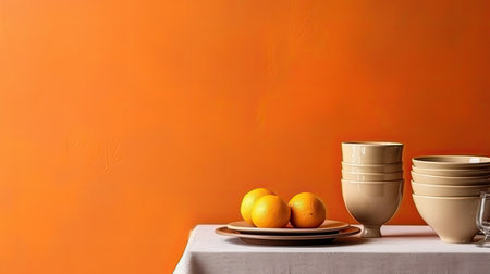Ceramic tableware and oranges on table. Background with empty space for text. Generative AIの素材