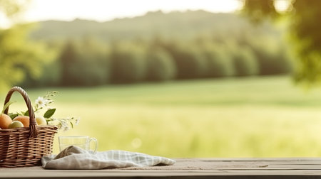 Easter basket with eggs on a wooden table in a field. Background with empty space for text. Generative AIの素材