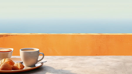 Coffee and croissants on the terrace near the sea. Background with empty space for text. Generative AIの素材