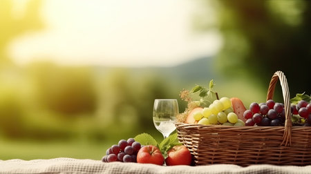 Wicker basket with fresh fruits and wine on table in park. Background with empty space for text. Generative AIの素材