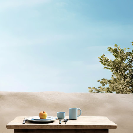 Wooden table with breakfast on the beach with blue sky. Background with empty space for text. Generative AIの素材