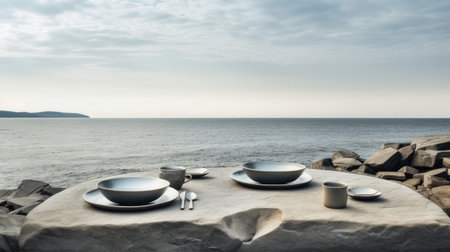 Table setting on the beach with sea and sky. Background with empty space for text. Generative AIの素材