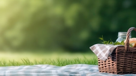 Picnic basket on a checkered tablecloth on a green meadow. Background with empty space for text. Generative AIの素材
