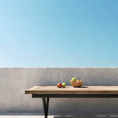 Wooden table with fruit in front of a wall. Background with empty space for text. Generative AIの素材