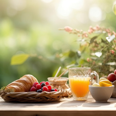 Breakfast with coffee and croissants on wooden table in garden. Background with empty space for text. Generative AIの素材