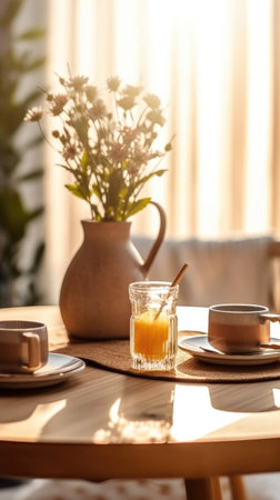 coffee cup and vase with flowers on wooden table in cafe. Generative AIの素材