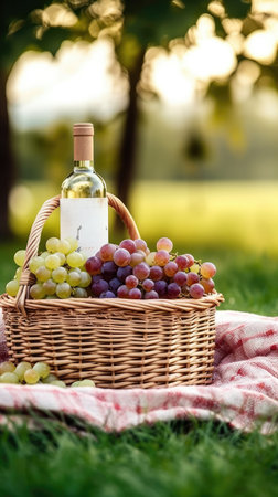 Wine bottle and basket of grapes on grass. Generative AIの素材