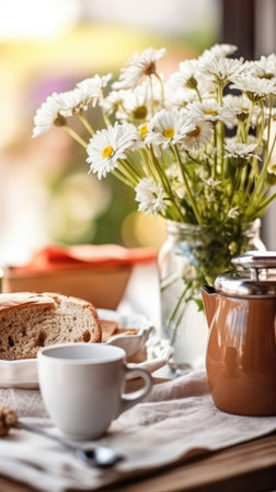 Breakfast with coffee and chamomile flowers in a vase. Generative AIの素材