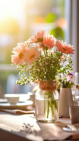 Beautiful flowers in vase on table in cafe. Generative AIの素材