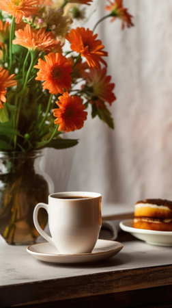 Cup of coffee with donuts and flowers in vase on table. Space for text. Generative AIの素材