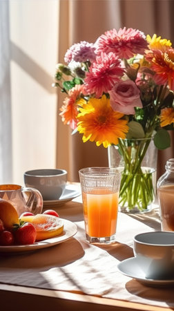 Breakfast with coffee, juice, fruit and flowers. Space for text. Generative AIの素材