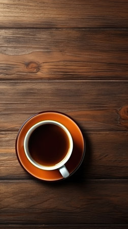 Cup of coffee on wooden background. Top view with copy space. Generative AIの素材