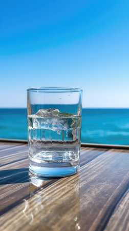 Glass of water with ice cubes on wooden table on blue sea background. Space for text. Generative AIの素材