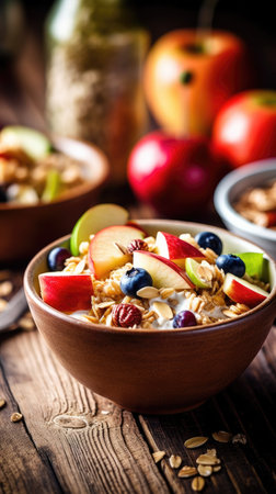 Healthy breakfast bowl with oatmeal, fresh fruits and berries. Space for text. Generative AIの素材