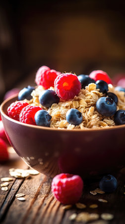 Healthy breakfast with oat flakes and fresh berries. Space for text. Generative AIの素材