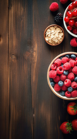 Healthy breakfast with oat flakes, berries and fruits on wooden background. Space for text. Generative AIの素材