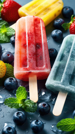 Homemade popsicles with fresh berries and mint on grey background. Generative AIの素材