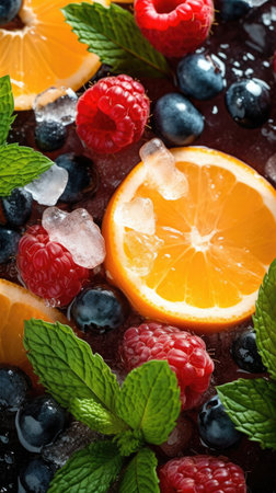 Close up of fresh blueberries, raspberries, oranges and mint with ice. Generative AIの素材