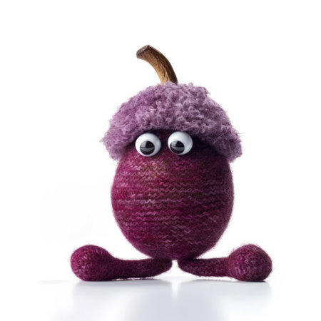 Handmade knitted plum toy with funny face isolated on white background. food puppet. Generative AIの素材