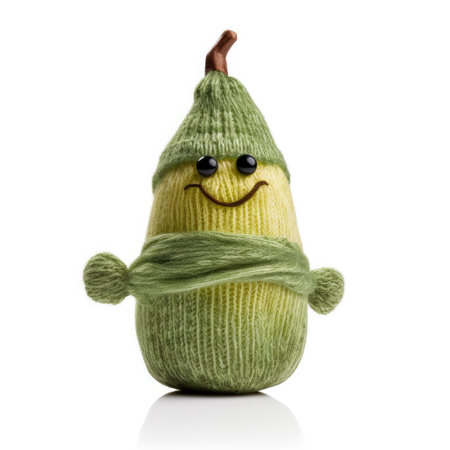 Handmade knitted avocado toy with funny face isolated on white background. food puppet. Generative AIの素材