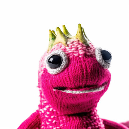 Handmade knitted dragon fruit toy with funny face isolated on white background. food puppet. Generative AIの素材