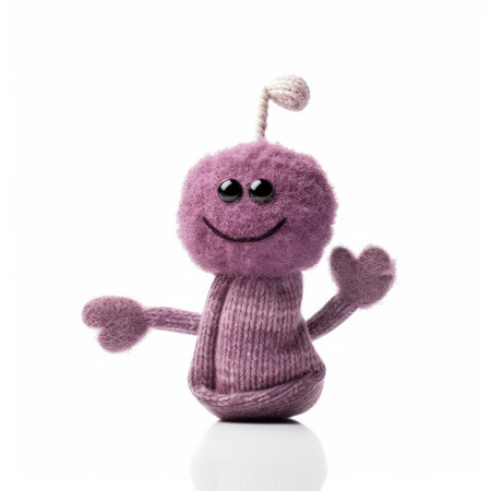Handmade knitted plum toy with funny face isolated on white background. food puppet. Generative AIの素材