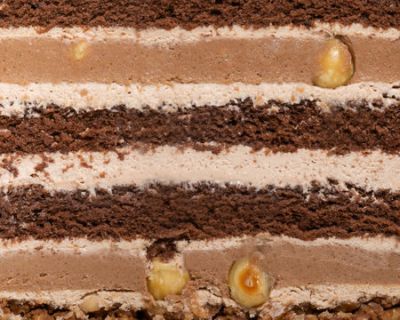 Close up of chocolate cake with hazelnuts. macro. Whole backgroundの写真素材