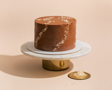 chocolate cake on a stand, on a beige backgroundの写真素材
