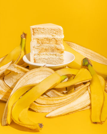 Banana cake and banana peels on yellow background with copy space.の写真素材