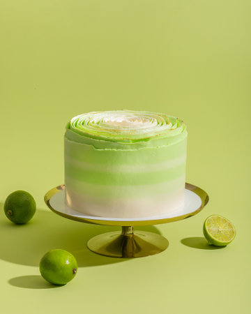 Lime cake and limes on a glass stand on a green backgroundの写真素材