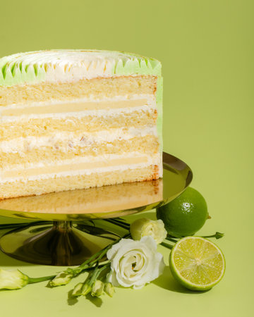 Cake with lime and rose on green background. Shallow dof.の写真素材