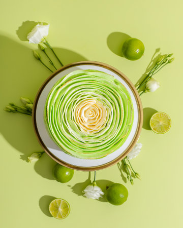 Cake with lime and flowers on a green background, top viewの写真素材