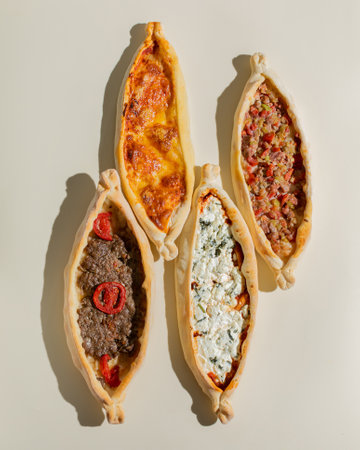 Traditional georgian khachapuri with meat, cheese and vegetablesの写真素材